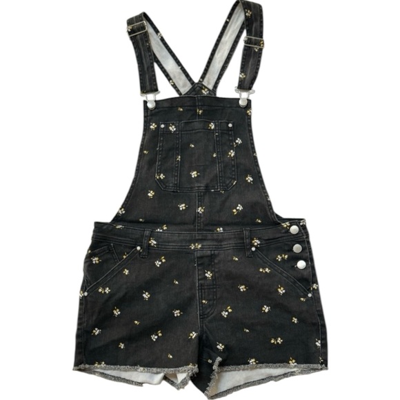 TINSELTOWN Concepts Black Denim Adjustable Floral Shortalls Sz Large - Picture 1 of 6